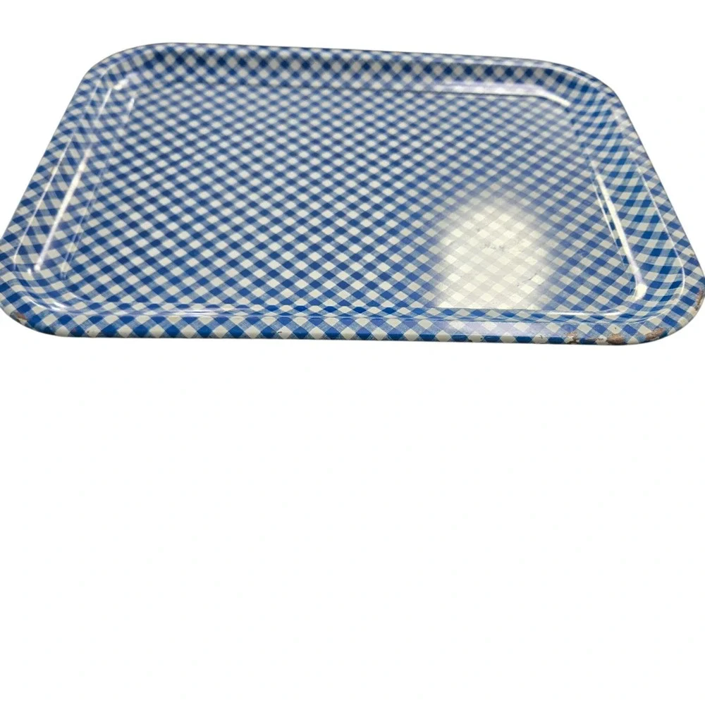 Vintage Blue & White Gingham Check Metal Serving Tray 13.75